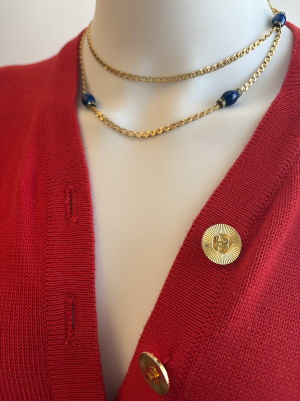 christian dior vintage gold cd chain long necklace lapis lazuli crystals c.1980s