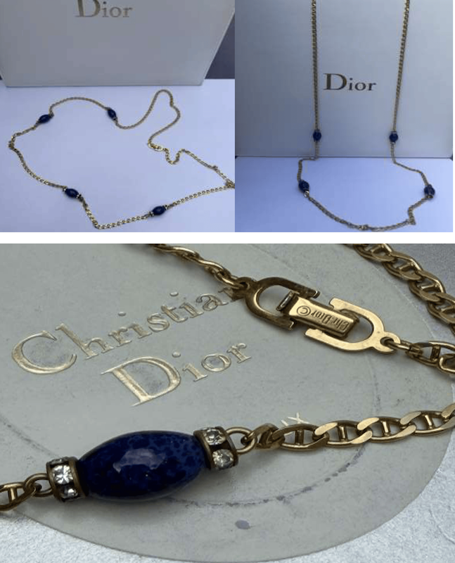 christian dior vintage gold cd chain long necklace lapis lazuli crystals c.1980s