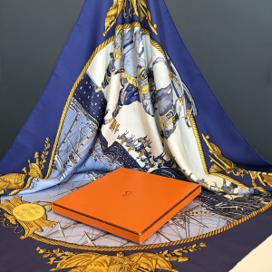 hermÈs silk scarf cavalerie et marine blue gold black by ledoux c.1967 w/box