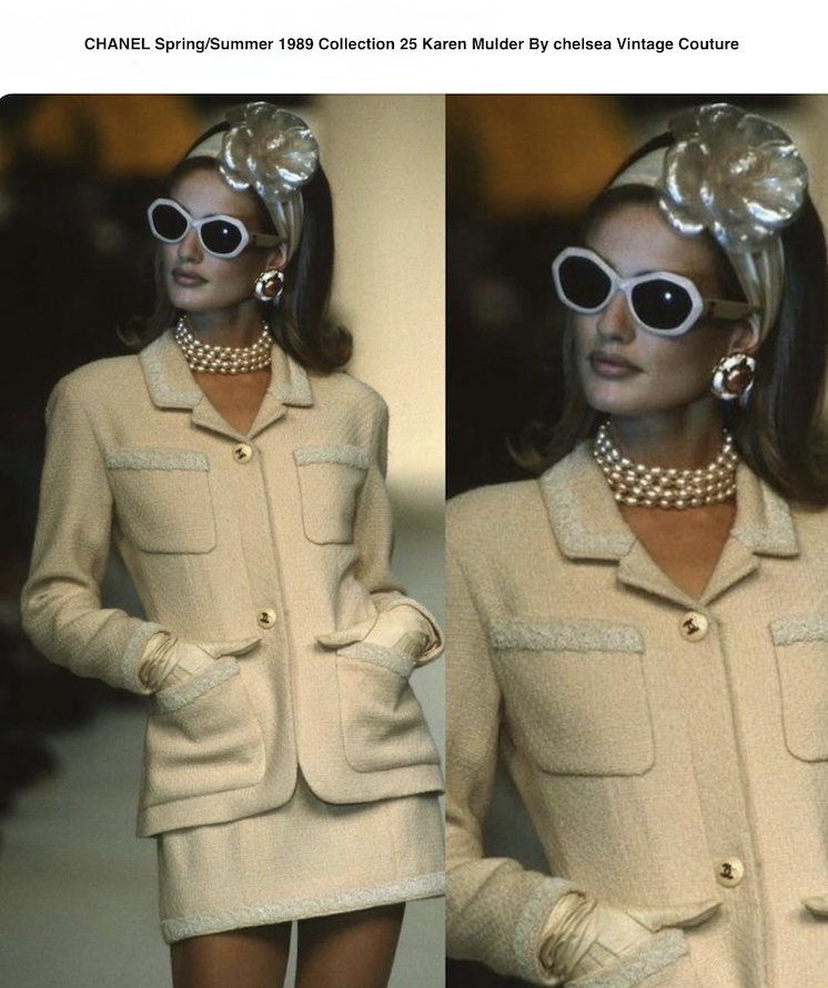 chanel runway archive 1989 tweed peach lace jacket skirt suit modelled by karen mulder