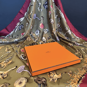 hermÈs vintage silk scarf champignon ii red olive multi by f. de la perrière & a. gavarny 1986 w/box