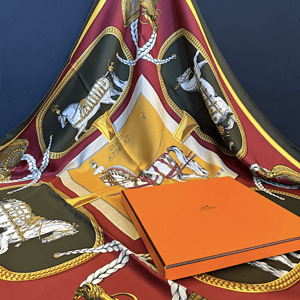 hermÈs vintage silk scarf grand apparat red gold black by jacques eudel 1962 w/box
