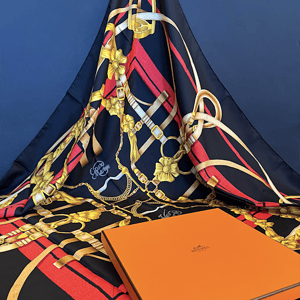 hermÈs vintage silk scarf grand manège black gold red by henri d'origny 1990 w/box